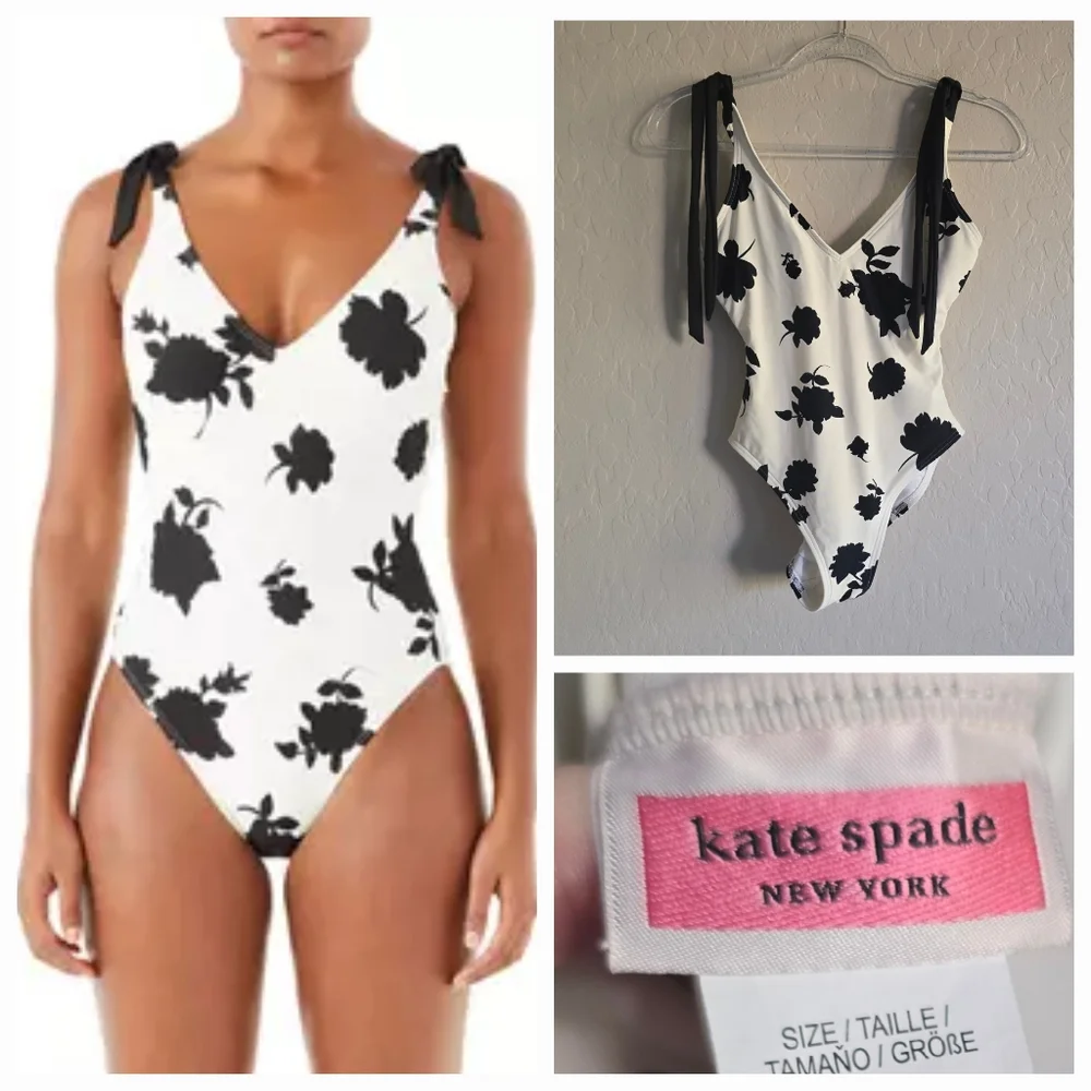 Kate Spade Neck OnePiece Swimsuit Floral bow tie shoulder Size XS